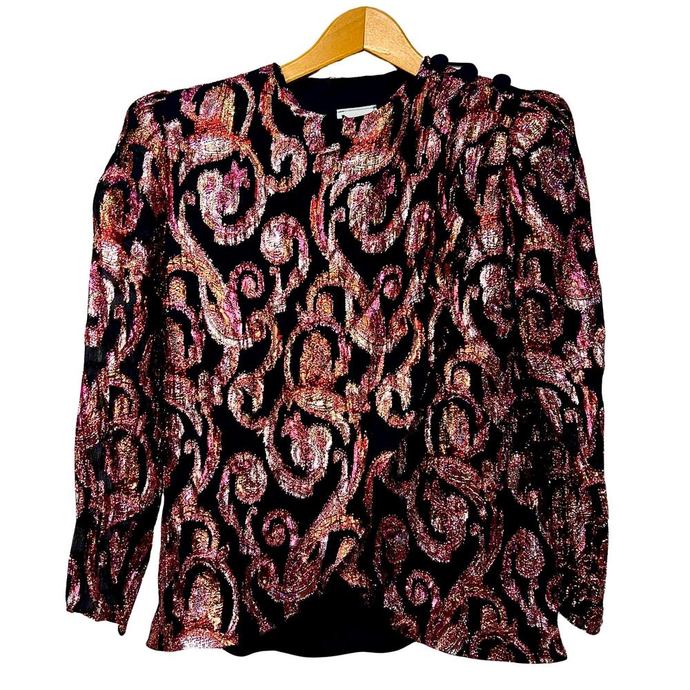 Vintage 80s Patra Petites Size 4 Pink Gold Metallic Swirl Wrap Style Top Disco